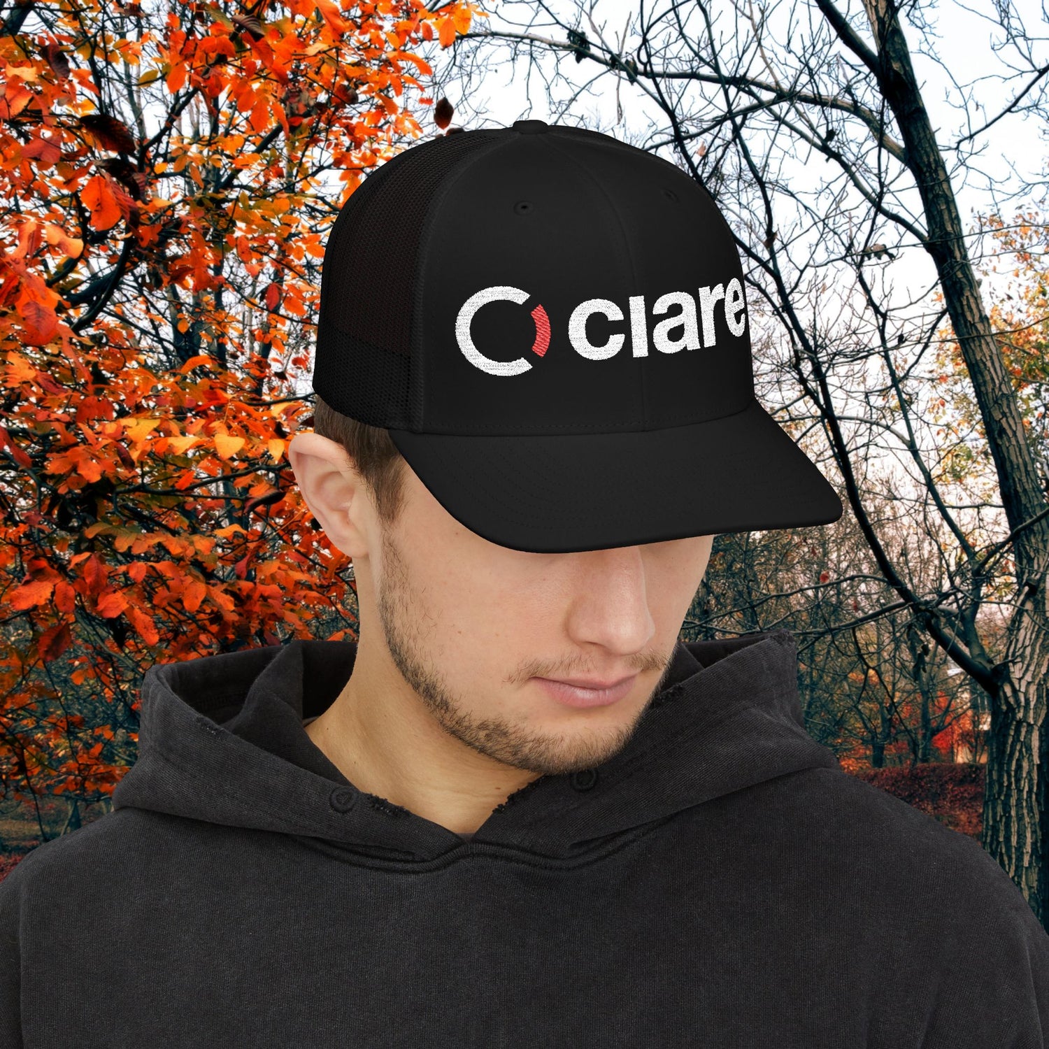 Ciare Embroidered Trucker Hat – Black/White Snapback Mesh Cap