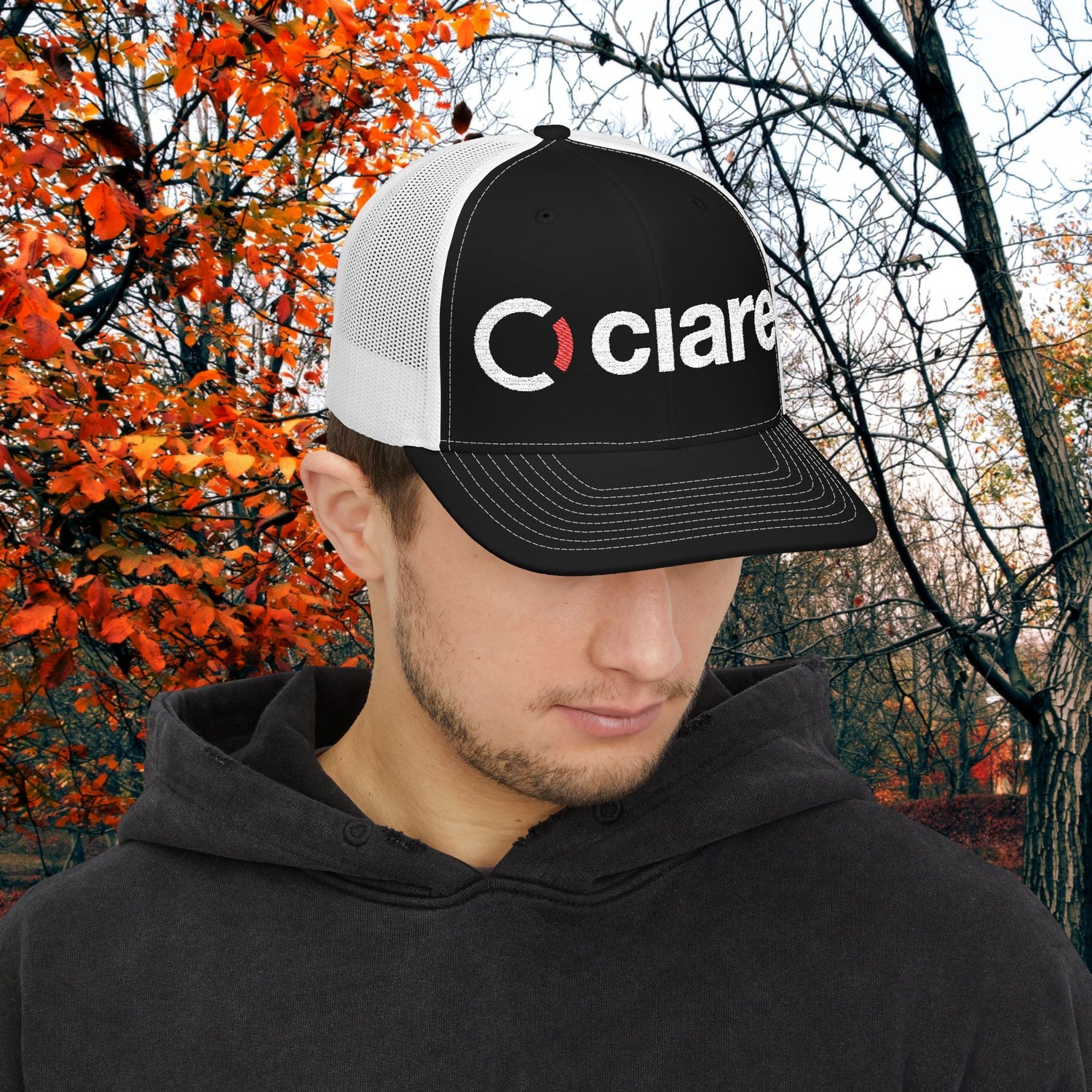 Ciare Embroidered Trucker Hat – Black/White Snapback Mesh Cap