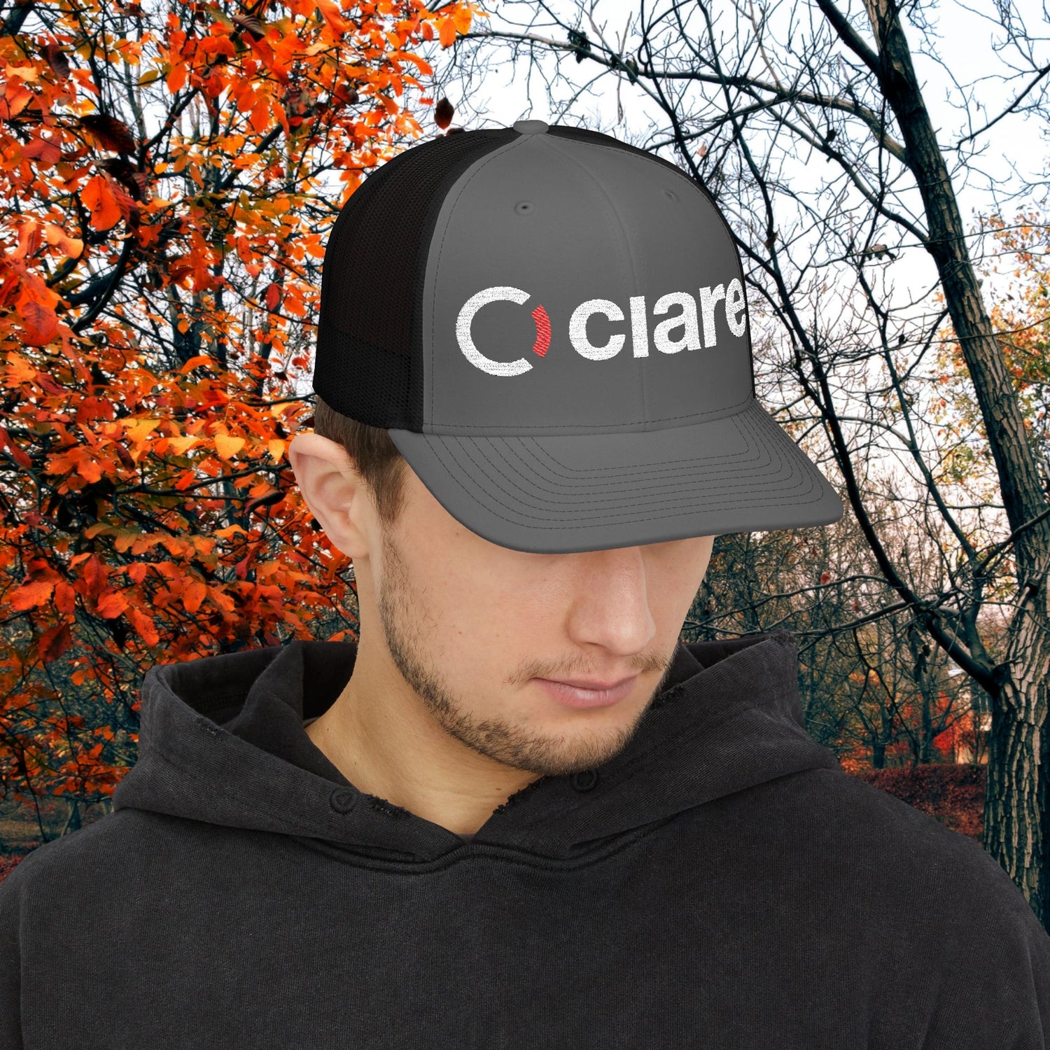 Ciare Embroidered Trucker Hat – Black/White Snapback Mesh Cap